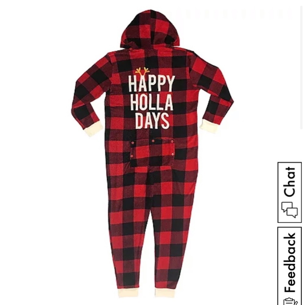 NWT secret Santa “happy holla days” red black Buffalo check hooded zip fleece